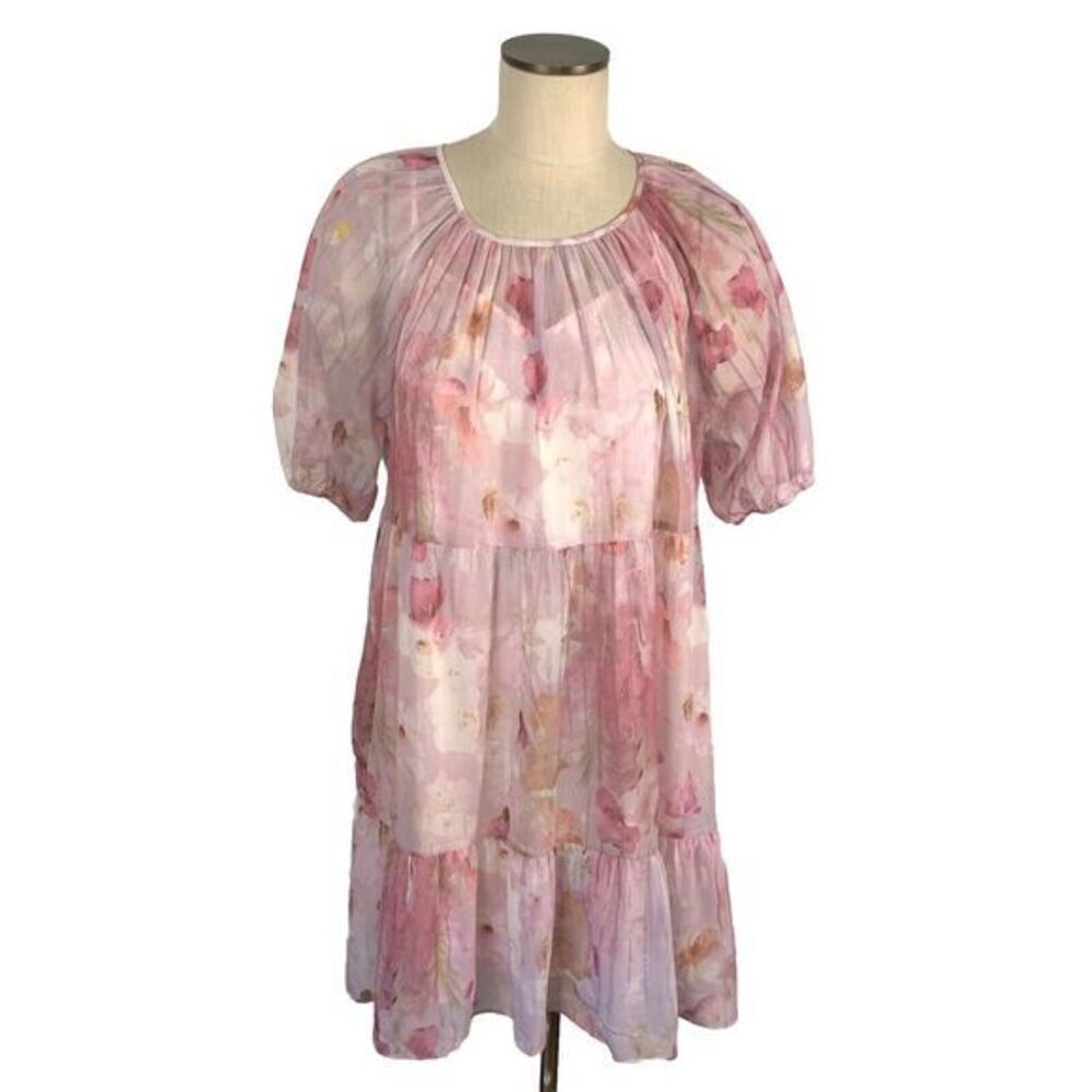 Melloday Women's Floral Chiffon Mini Tiered Dress Size Small Soft Pink